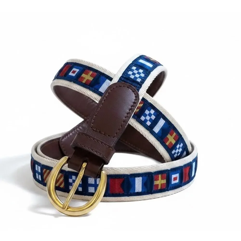 Vtg YRI Nautical Code Flag Canvas Leather Belt Brass Buckle Men 44 Maritime USA